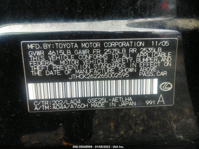 JTHCK262265002595 Lexus Is 250 Auto