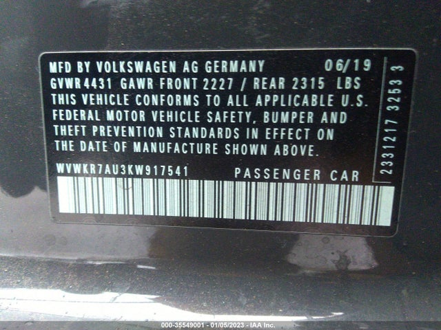 2019 Volkswagen Golf, VIN: WVWKR7AU3KW917541