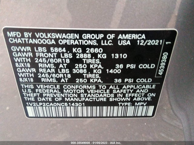 1V2LP2CA0NC514301 Volkswagen Atlas