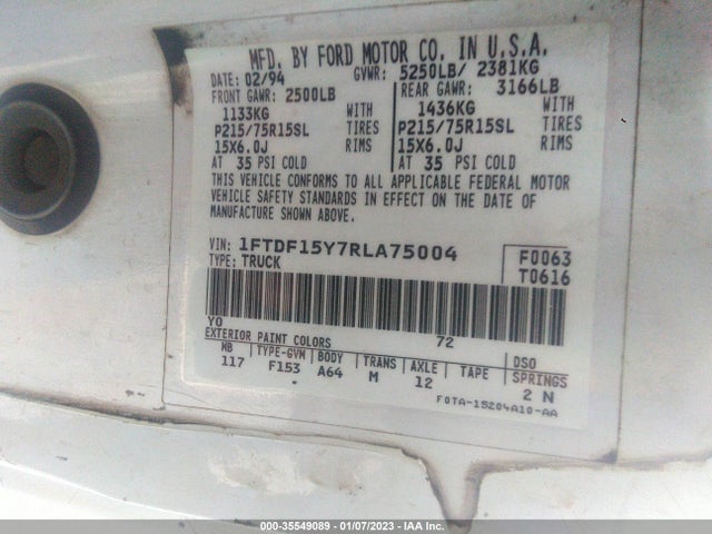 1994 FORD F150 VIN: 1FTDF15Y7RLA75004