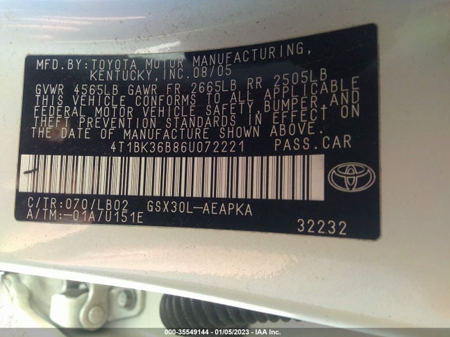 2006 TOYOTA AVALON XL/TOURING/XLS/LIMITED VIN: 4T1BK36B86U072221