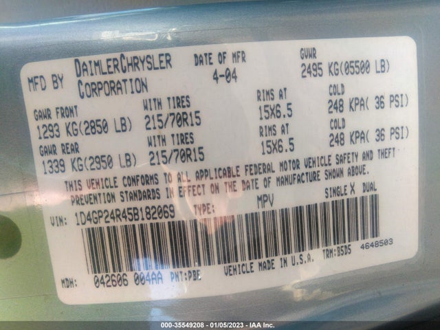 2005 DODGE GRAND CARAVAN SE VIN: 1D4GP24R45B182069