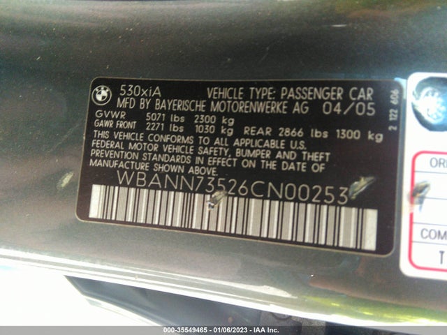 2006 BMW 5 SERIES 530XI VIN: WBANN73526CN00253