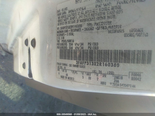 2002 FORD FOCUS ZX3 VIN: 3FAFP313X2R160380