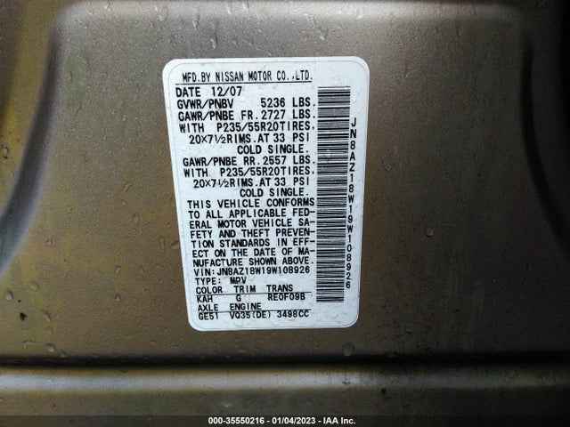 2009 NISSAN MURANO LE VIN: JN8AZ18W19W108926
