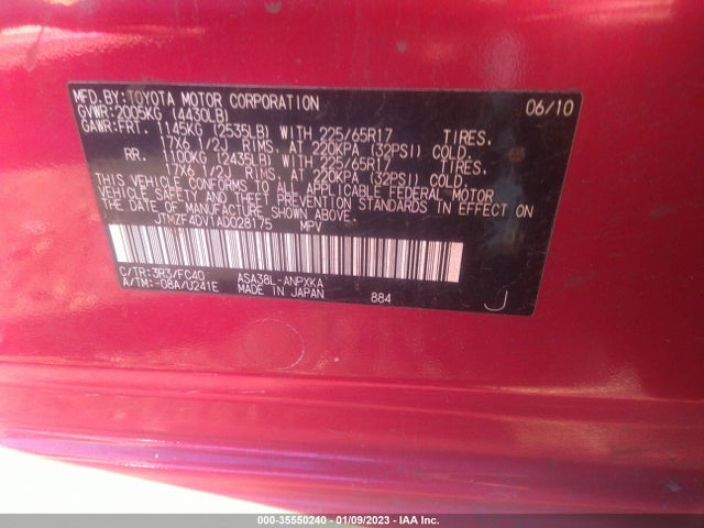 2010 TOYOTA RAV4 VIN: JTMZF4DV1AD028175