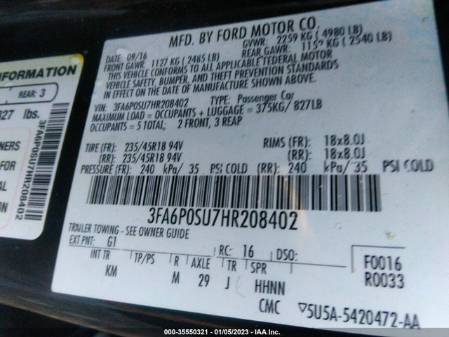 2017 Ford Fusion, VIN: 3FA6P0SU7HR208402