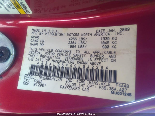 2009 MITSUBISHI ECLIPSE GS VIN: 4A3AL25F49E042284