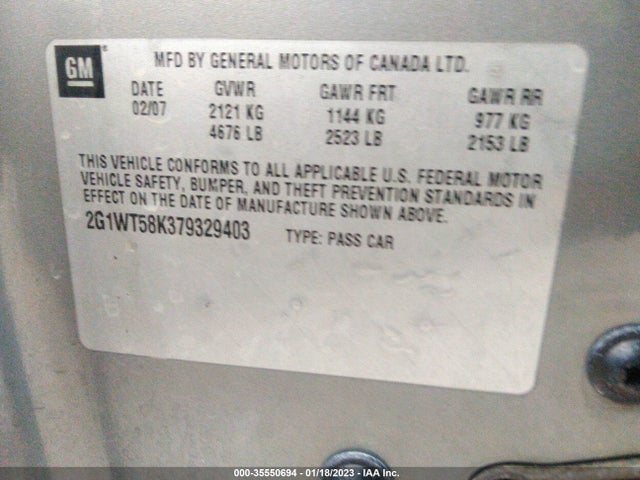 2007 CHEVROLET IMPALA 3.5L LT VIN: 2G1WT58K379329403