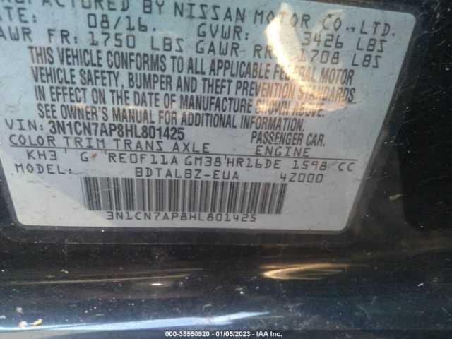 3N1CN7AP8HL801425 Nissan Versa Sedan S/s Plus/sl/sv