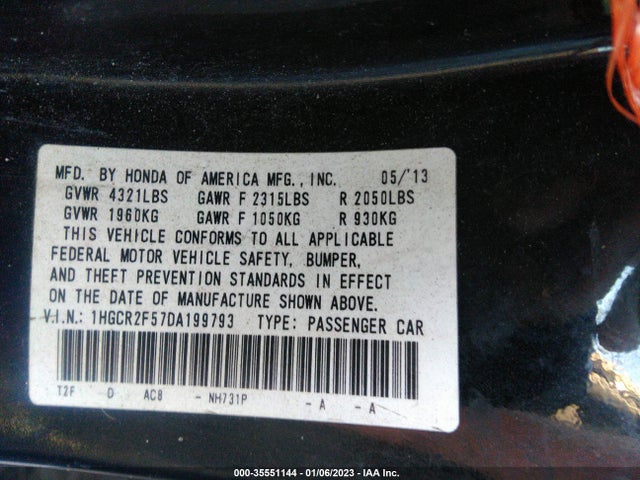 2013 HONDA ACCORD SDN SPORT VIN: 1HGCR2F57DA199793