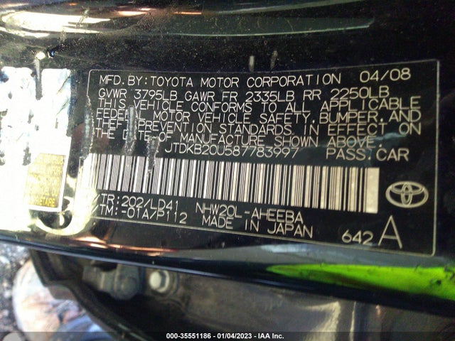 2008 TOYOTA PRIUS VIN: JTDKB20U587783997
