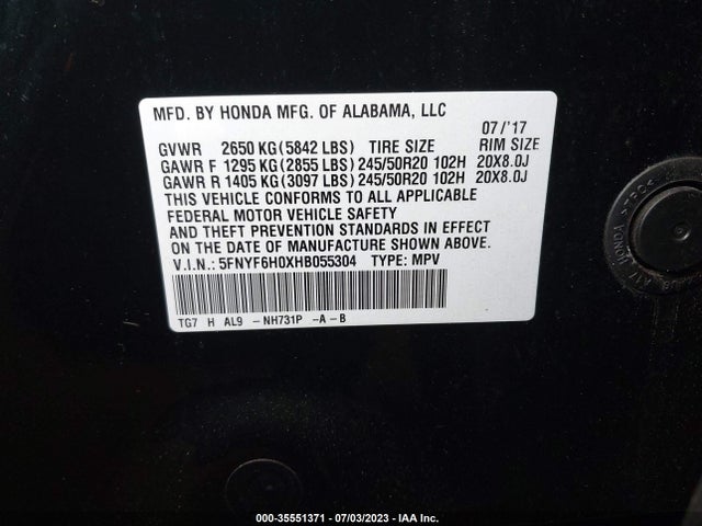 Honda Pilot Elite 2017 5FNYF6H0XHB055304 Image 9