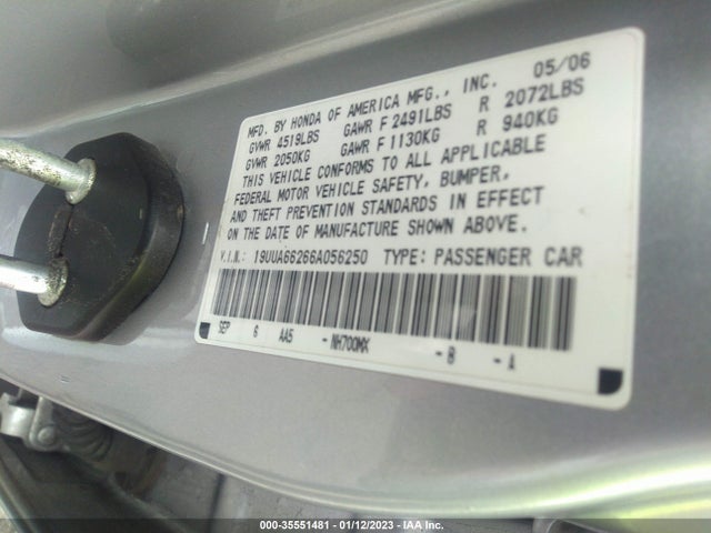 2006 ACURA TL VIN: 19UUA66266A056250