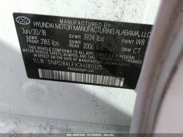 2018 HYUNDAI ELANTRA SEL VIN: 5NPD84LFXJH380325