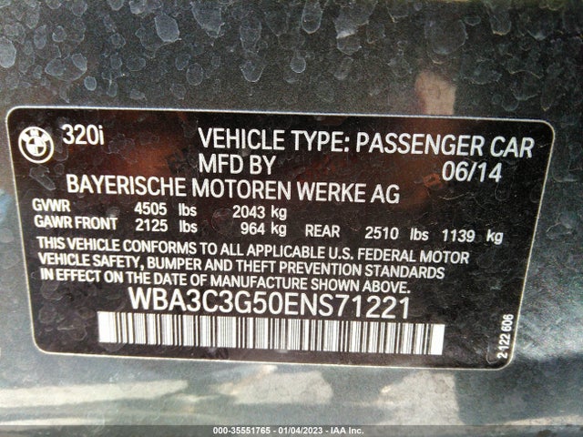 2014 BMW 3 SERIES 320I XDRIVE VIN: WBA3C3G50ENS71221