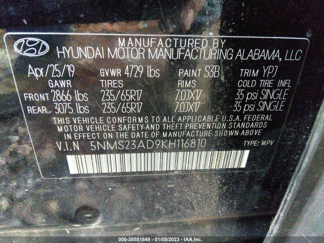 2019 Hyundai Santa Fe, VIN: 5NMS23AD9KH116810