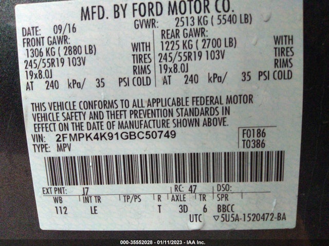 2016 Ford Edge, VIN: 2FMPK4K91GBC50749