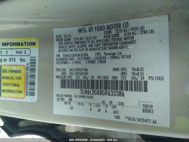 Aukcja sprzedaży 2016 Lincoln Mkz, vin: 3LN6L2GK8GR633386, numer aukcji: 35552046