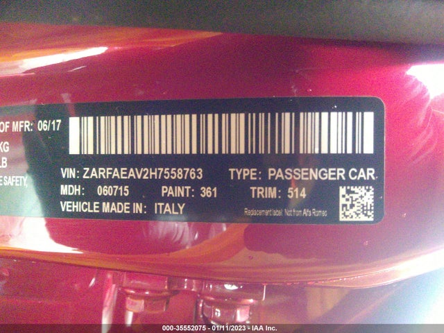 2017 Alfa Romeo Giulia, VIN: ZARFAEAV2H7558763