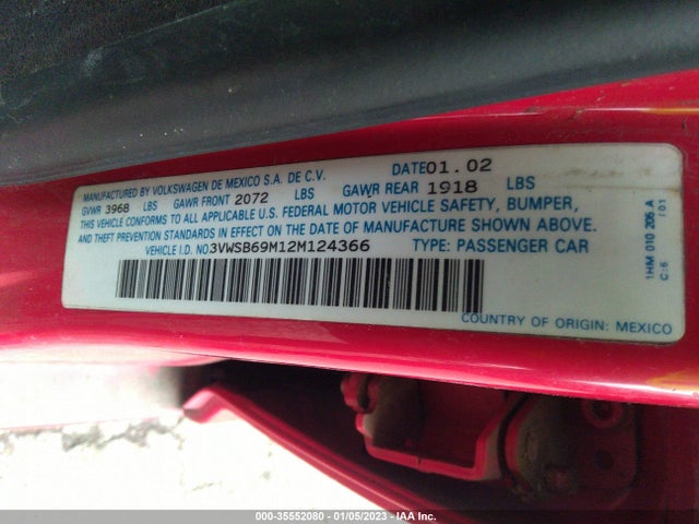 2002 VOLKSWAGEN JETTA SEDAN GLS VIN: 3VWSB69M12M124366