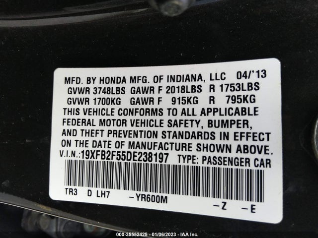 2013 HONDA CIVIC SDN LX VIN: 19XFB2F55DE238197