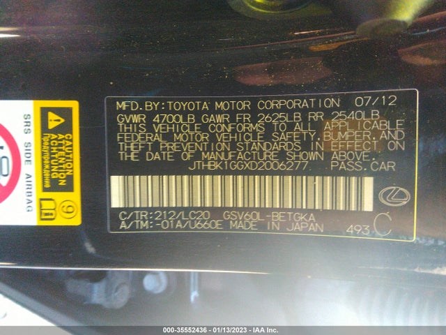2013 LEXUS ES 350 4DR SDN VIN: JTHBK1GGXD2006277