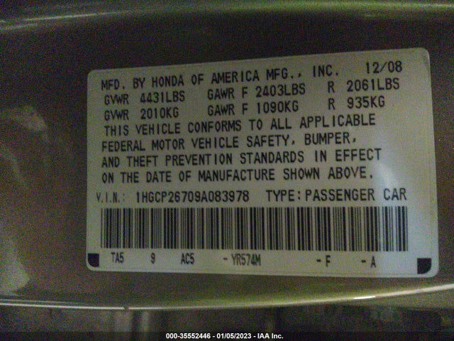 2009 HONDA ACCORD SDN EX VIN: 1HGCP26709A083978