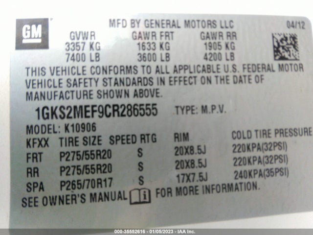 2012 GMC YUKON XL DENALI VIN: 1GKS2MEF9CR286555