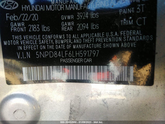 2020 HYUNDAI ELANTRA SEL VIN: 5NPD84LF6LH591797