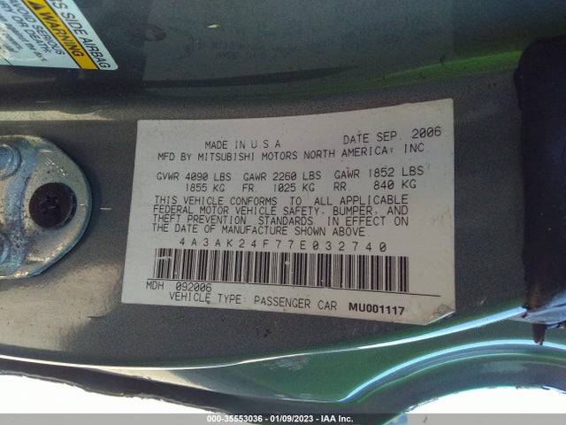2007 MITSUBISHI ECLIPSE GS VIN: 4A3AK24F77E032740
