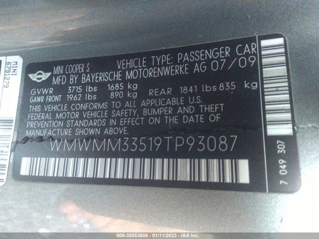 2009 MINI COOPER CLUBMAN S VIN: WMWMM33519TP93087