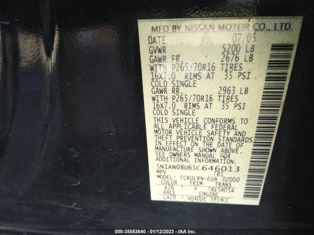 2005 NISSAN XTERRA S VIN: 5N1AN08U65C646013