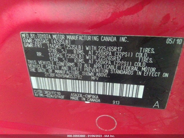 2010 TOYOTA RAV4 VIN: 2T3BF4DV9AW053782