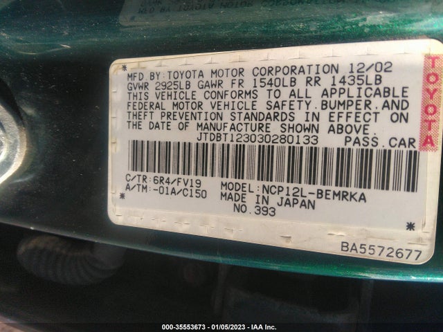 2003 TOYOTA ECHO VIN: JTDBT123030280133