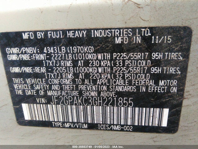 2016 Subaru Crosstrek, VIN: JF2GPAKC3GH221855