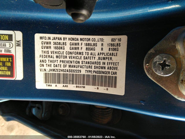 2010 HONDA INSIGHT LX VIN: JHMZE2H52AS032229