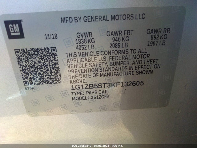 2019 CHEVROLET MALIBU LS VIN: 1G1ZB5ST3KF132605