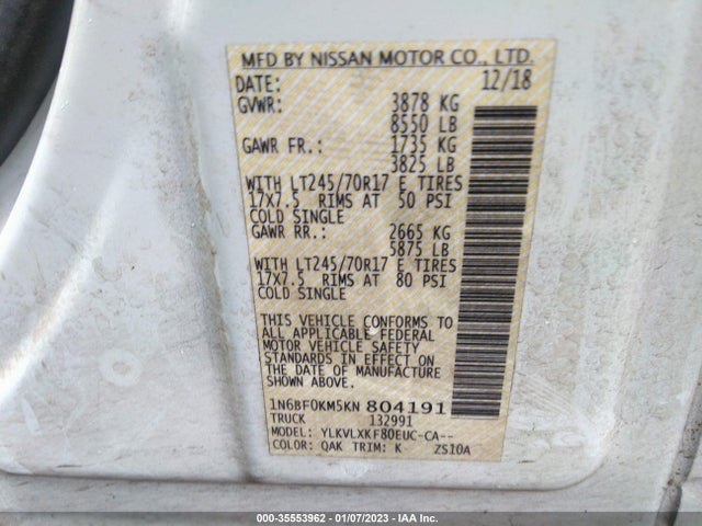 2019 Nissan NV, VIN: 1N6BF0KM5KN804191