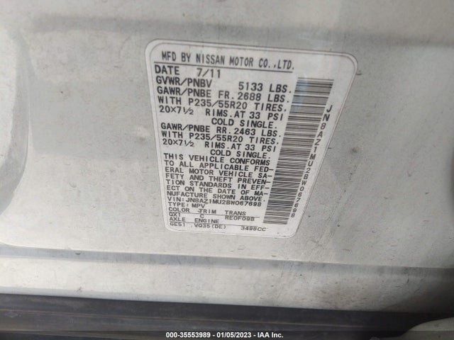 2011 NISSAN MURANO LE VIN: JN8AZ1MU2BW067698