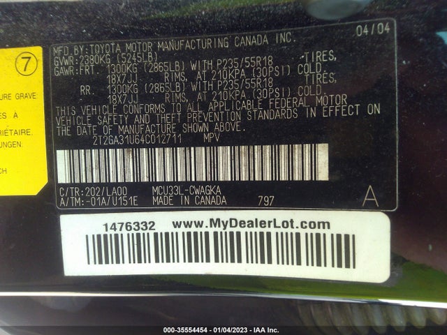 2004 LEXUS RX 330 VIN: 2T2GA31U64C012711