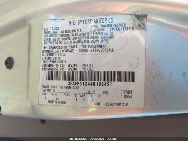 2004 FORD FOCUS ZX3 VIN: 3FAFP31Z44R102451