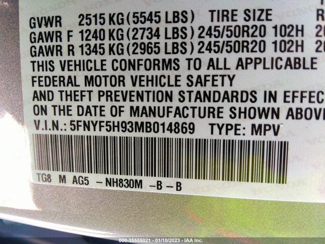 2021 Honda Pilot, VIN: 5FNYF5H93MB014869