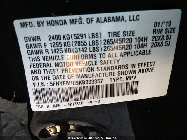 2019 Honda Passport, VIN: 5FNYF8H09KB003357
