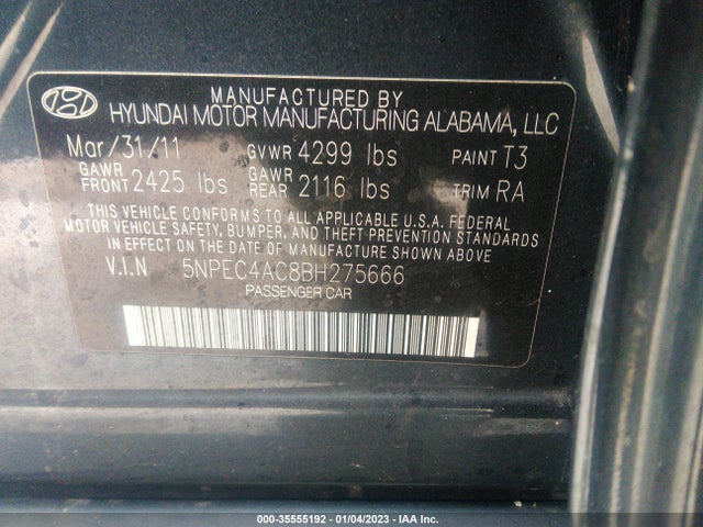 2011 HYUNDAI SONATA SE VIN: 5NPEC4AC8BH275666