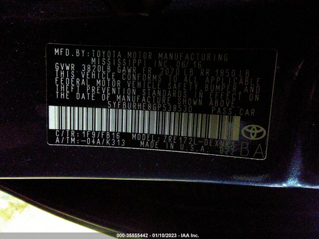 2016 Toyota Corolla, VIN: 5YFBURHE8GP538530