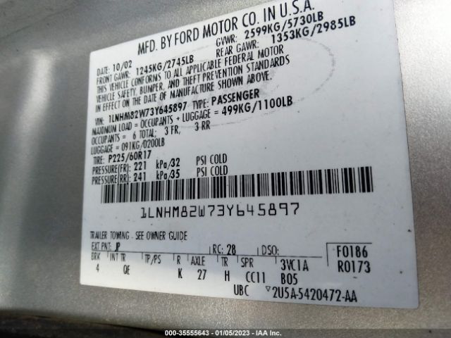1LNHM82W73Y645897 Lincoln Town Car