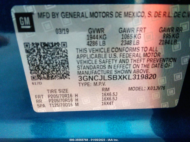 2019 Chevrolet Trax, VIN: 3GNCJLSBXKL319820