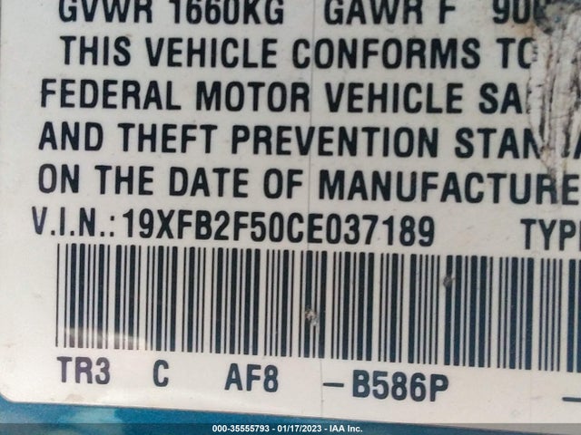 2012 HONDA CIVIC SDN LX VIN: 19XFB2F50CE037189