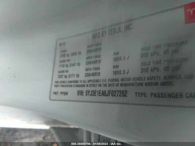 Tesla Model 3 Range Battery 2018 5YJ3E1EA8JF027262 Image 9